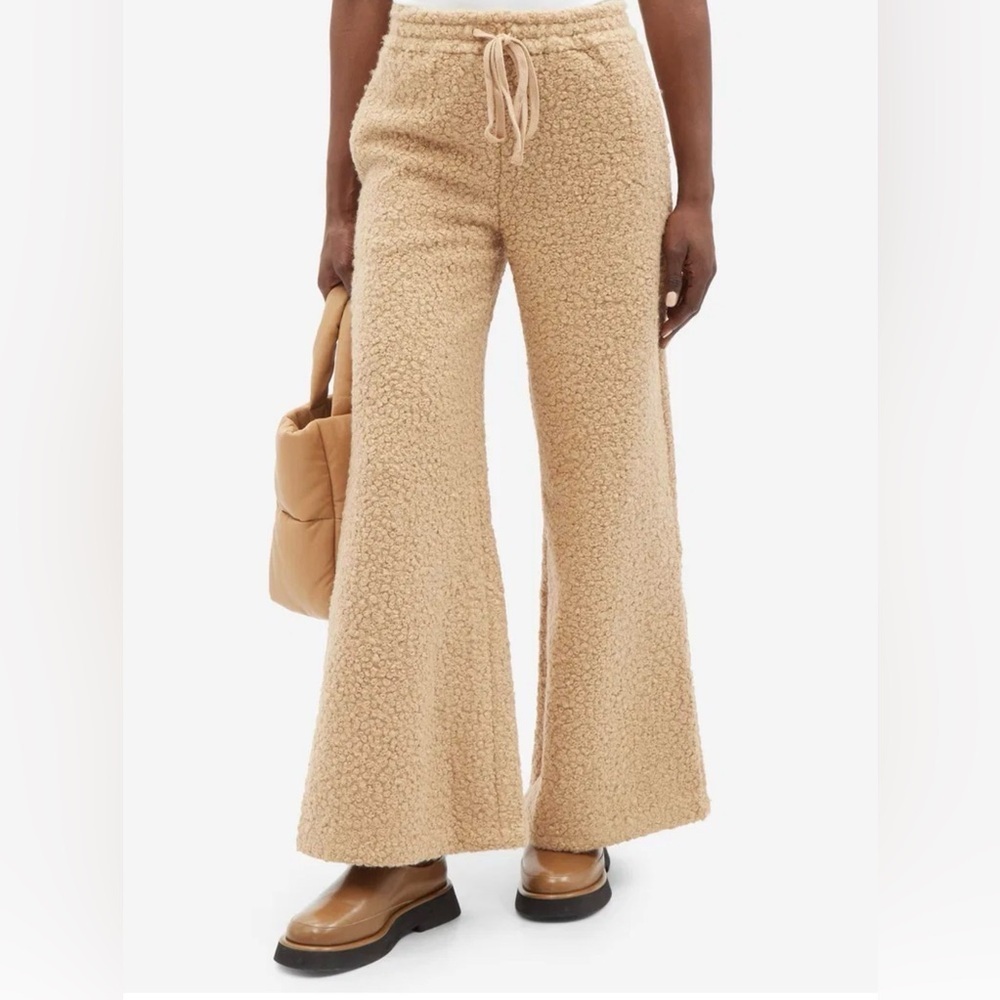 NWT STAUD Rabbit Fleece Wide-Leg Flare Trousers in Latte Beige Tan Size Medium